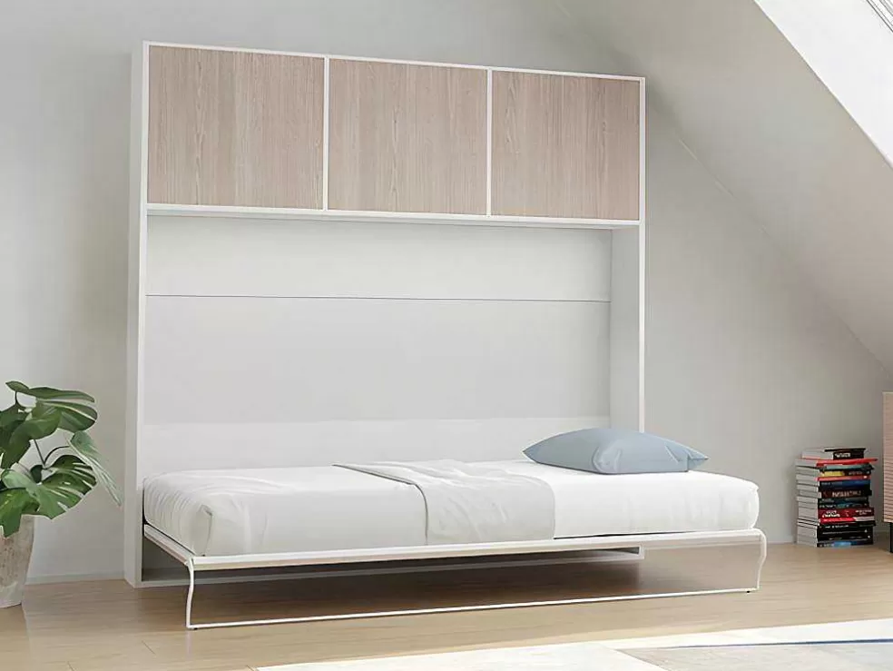 Vente-unique Cama Rebatível 140 X 200 Cm Abertura Horizontal Manual, Com Arrumação, Cor Natural E Branco + Colchão - Elianor Ii* Cama Rebatível