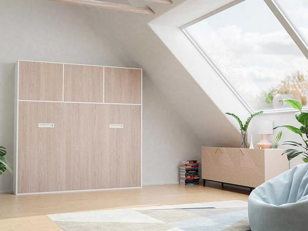 Vente-unique Cama Rebatível 140 X 200 Cm Abertura Horizontal Manual, Com Arrumação, Cor Natural E Branco + Colchão - Elianor Ii* Cama Rebatível