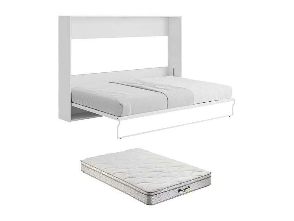 Vente-unique Cama Rebatível 140 X 200 Cm, Abertura Manual Horizontal, Branco E Cinza + Colchão - Malina Ii* Cama Rebatível