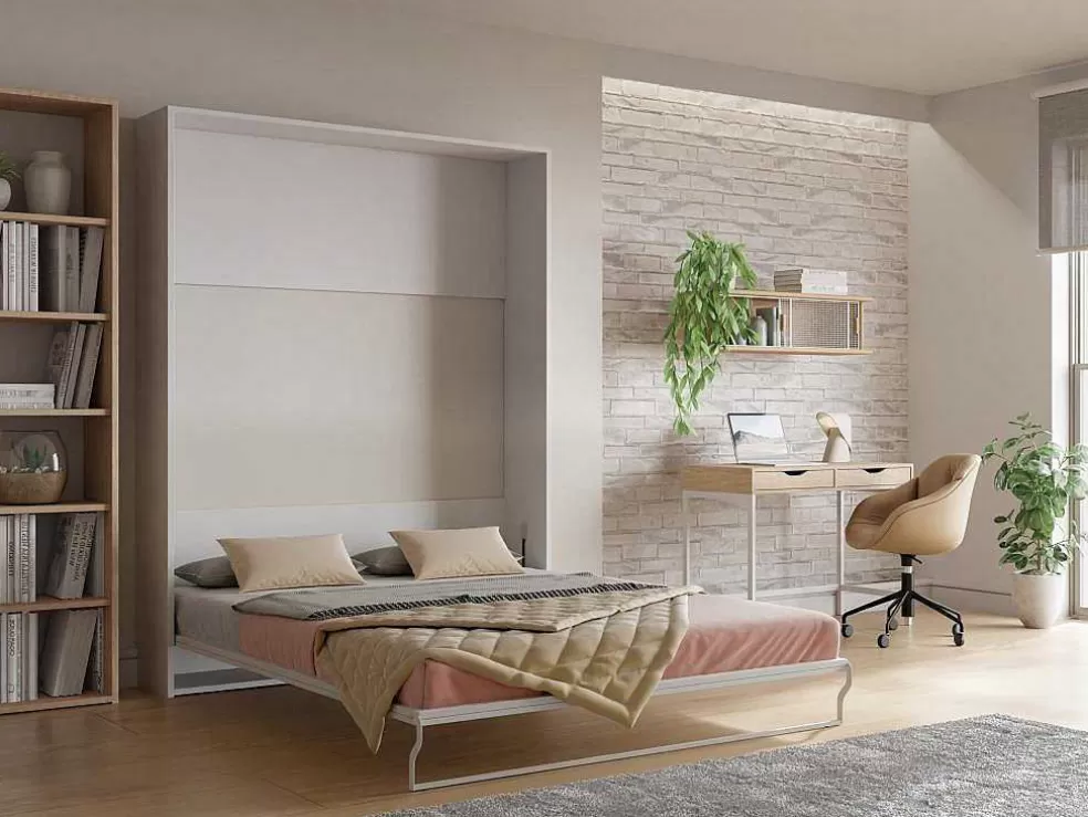 Vente-unique Cama Rebatível 160 X 200 Cm Abertura Vertical Manual Branco - Malina Ii* Cama De Adulto