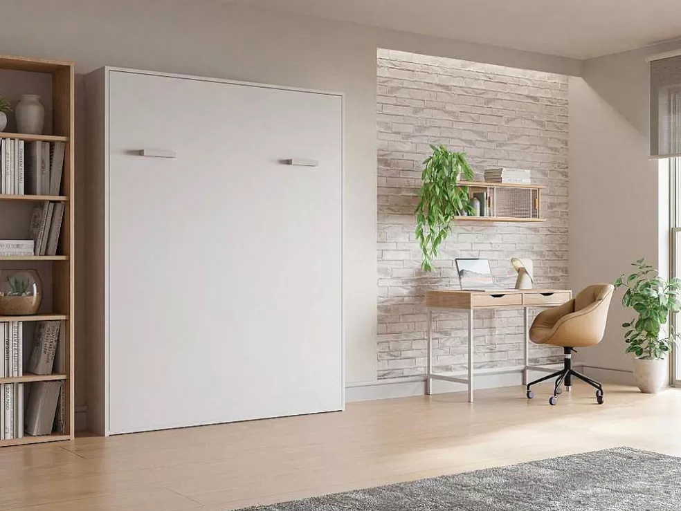 Vente-unique Cama Rebatível 160 X 200 Cm Abertura Vertical Manual Branco - Malina Ii* Cama De Adulto