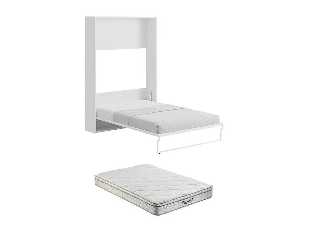 Vente-unique Cama Rebatível 140 X 200 Cm, Abertura Vertical Manual, Branco E Cinza + Colchão - Malina Ii* Cama Rebatível