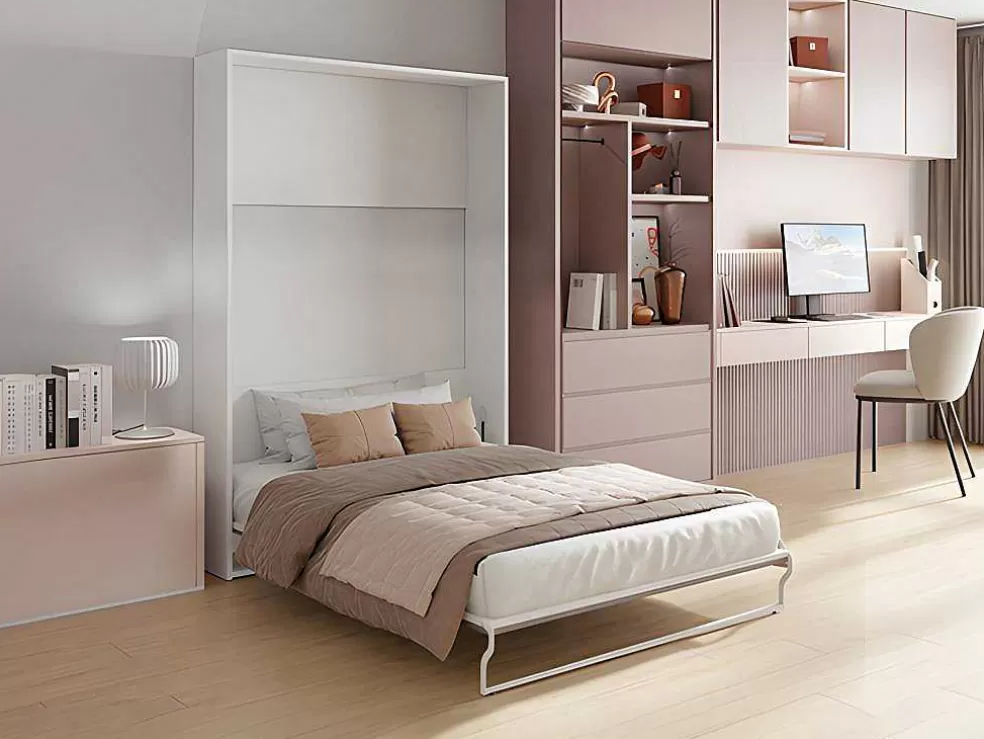 Vente-unique Cama Rebatível 140 X 200 Cm, Abertura Vertical Manual, Branco E Cinza + Colchão - Malina Ii* Cama Rebatível