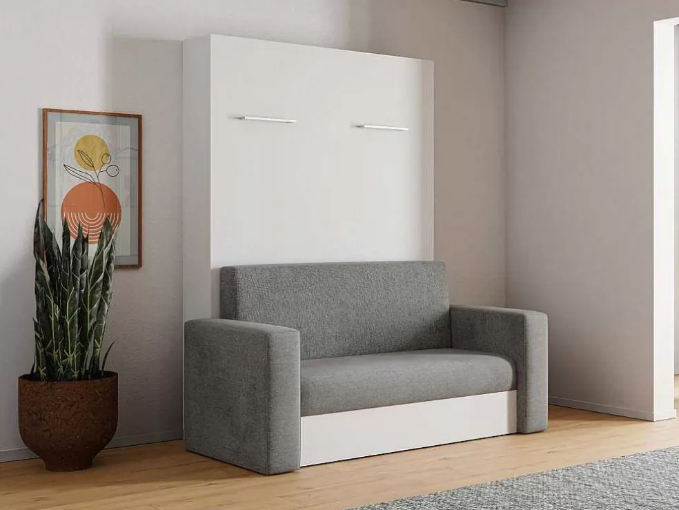Vente-unique Cama Rebatível Sofá 140 X 200 Cm Abertura Vertical Manual Branco E Cinza + Colchão - Vaciala Ii* Cama Rebatível