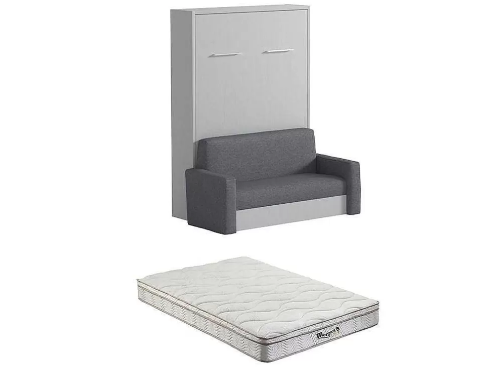 Vente-unique Cama Rebatível Sofá 140 X 200 Cm Abertura Vertical Manual Branco E Cinza + Colchão - Vaciala Ii* Cama Rebatível