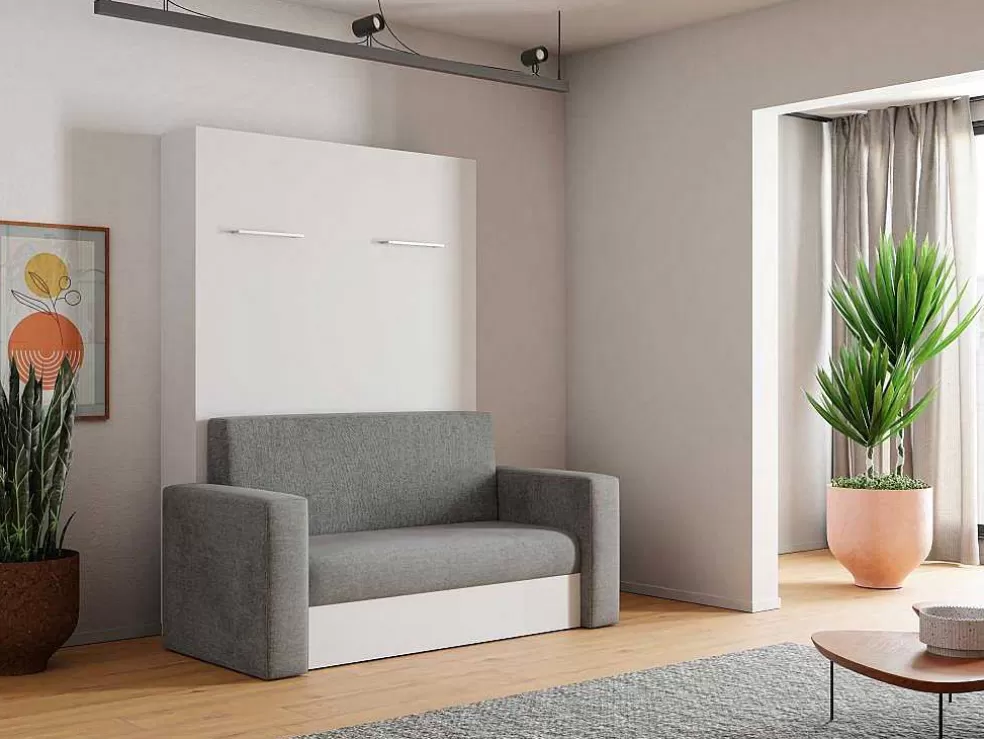 Vente-unique Cama Rebatível Sofá 140 X 200 Cm Abertura Vertical Manual Branco E Cinza + Colchão - Vaciala Ii* Cama Rebatível