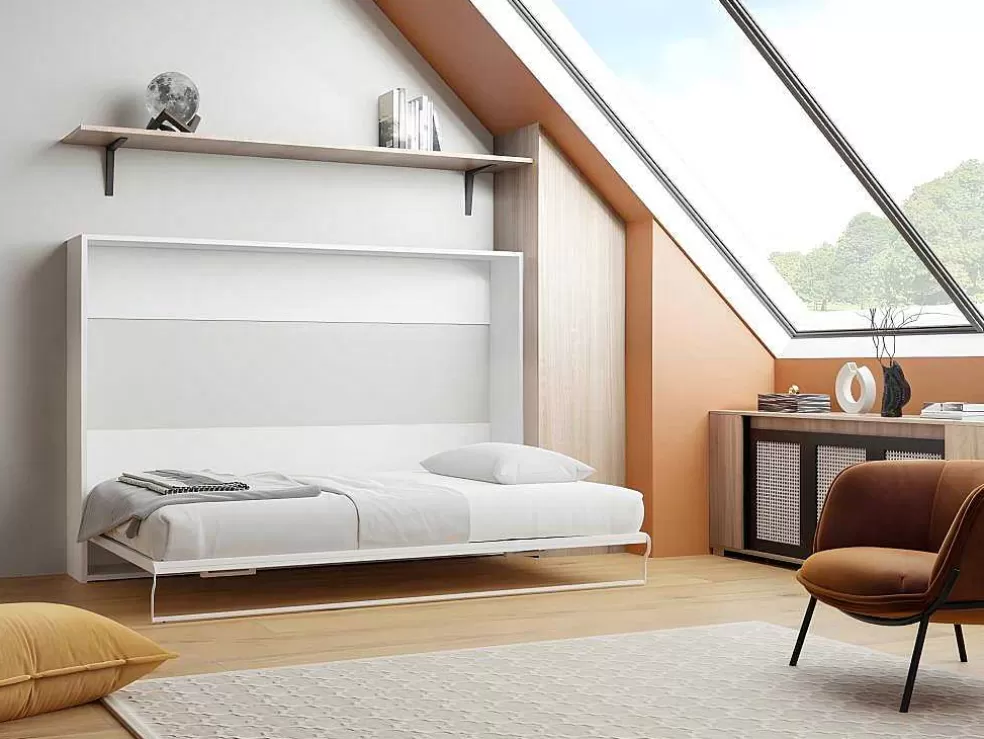 Vente-unique Cama Rebatível 140X200 Cm Abertura Horizontal Manual Branco - Malina Ii* Cama Rebatível