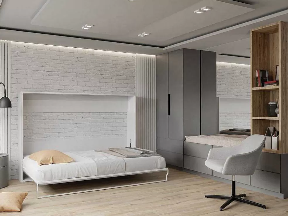 Vente-unique Cama Rebatível 140X200 Cm Abertura Horizontal Manual Branco E Cinza - Malina Ii* Cama Rebatível