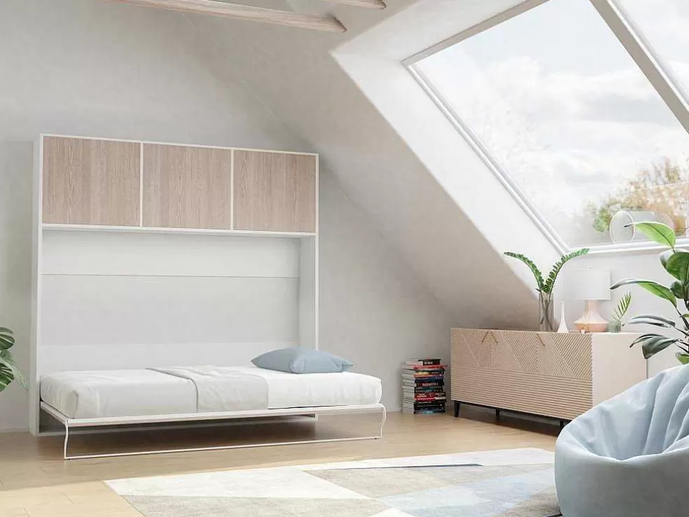 Vente-unique Cama Rebatível 140X200 Cm Abertura Horizontal Manual Com Espacos De Arrumação Cor Natural E Branco - Elianor Ii* Cama Rebatível
