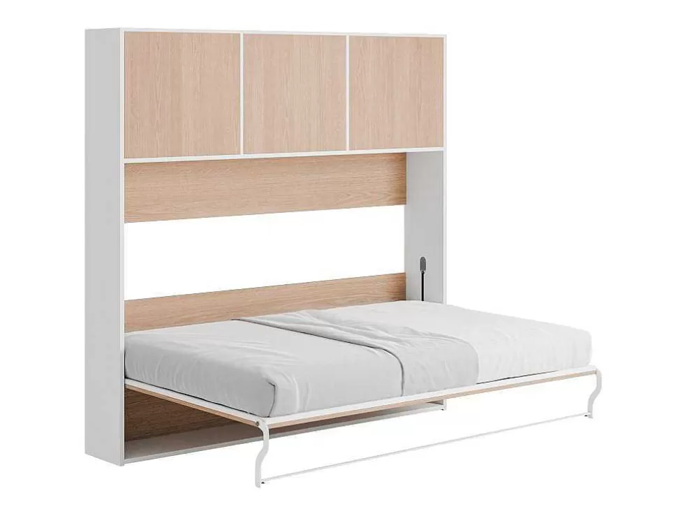 Vente-unique Cama Rebatível 140X200 Cm Abertura Horizontal Manual Com Espacos De Arrumação Cor Natural E Branco - Elianor Ii* Cama Rebatível