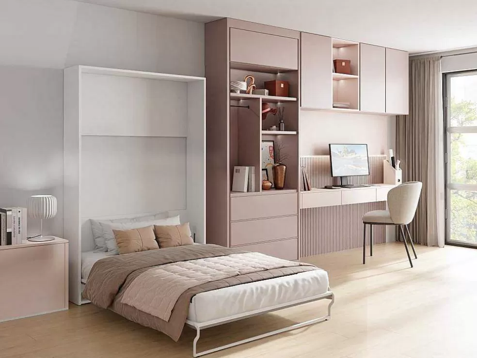 Vente-unique Cama Rebatível 140X200 Cm Abertura Vertical Manual Branco E Cinza - Malina Ii* Cama Rebatível