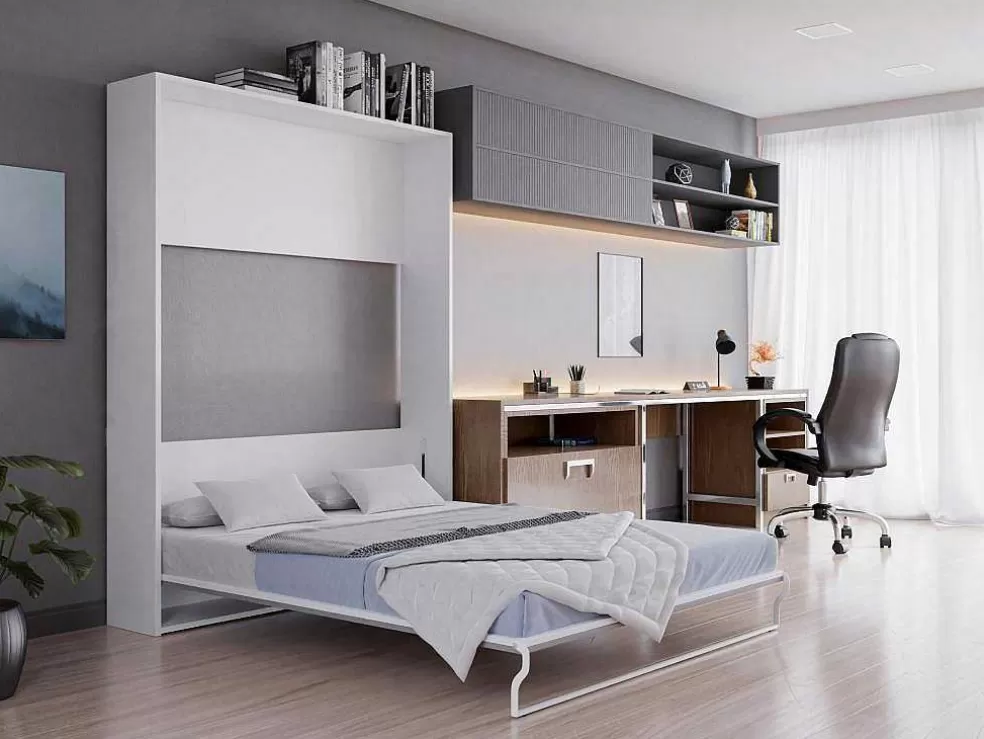 Vente-unique Cama Rebatível 160X200 Cm Abertura Vertical Manual Branco E Cinza - Malina Ii* Cama Rebatível