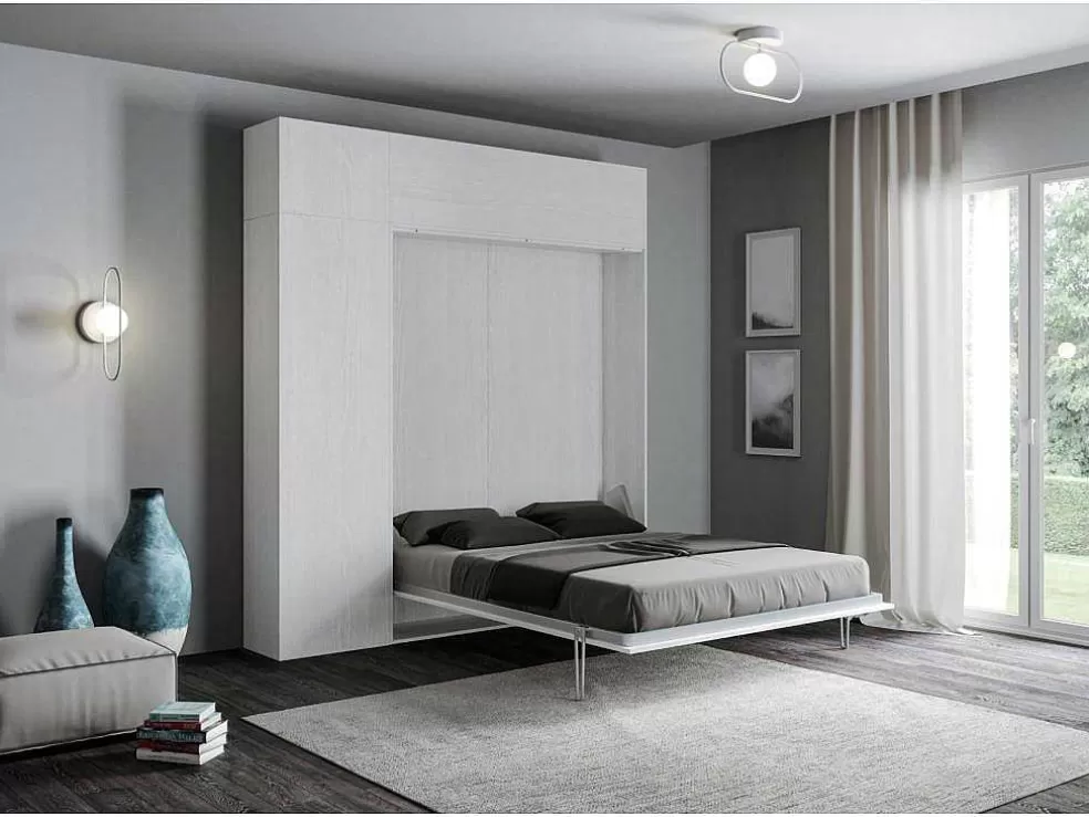 ITAMOBY Cama Retratil 140 Vertical Kentaro Com Armário Coluna E Armários Suspensos Cinza Branca* Cama Rebatível
