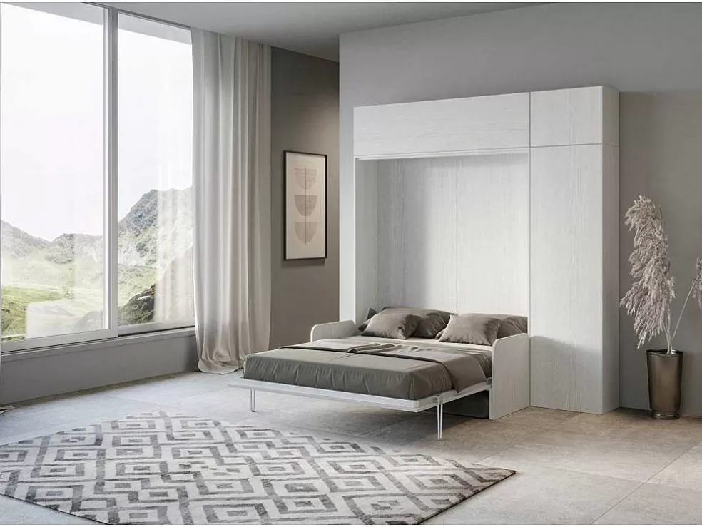 ITAMOBY Cama Retratil 160 Vertical Kentaro Sofá Com Armário Coluna E Armários Suspensos Cinza Branca - Alessia 20* Cama Rebatível
