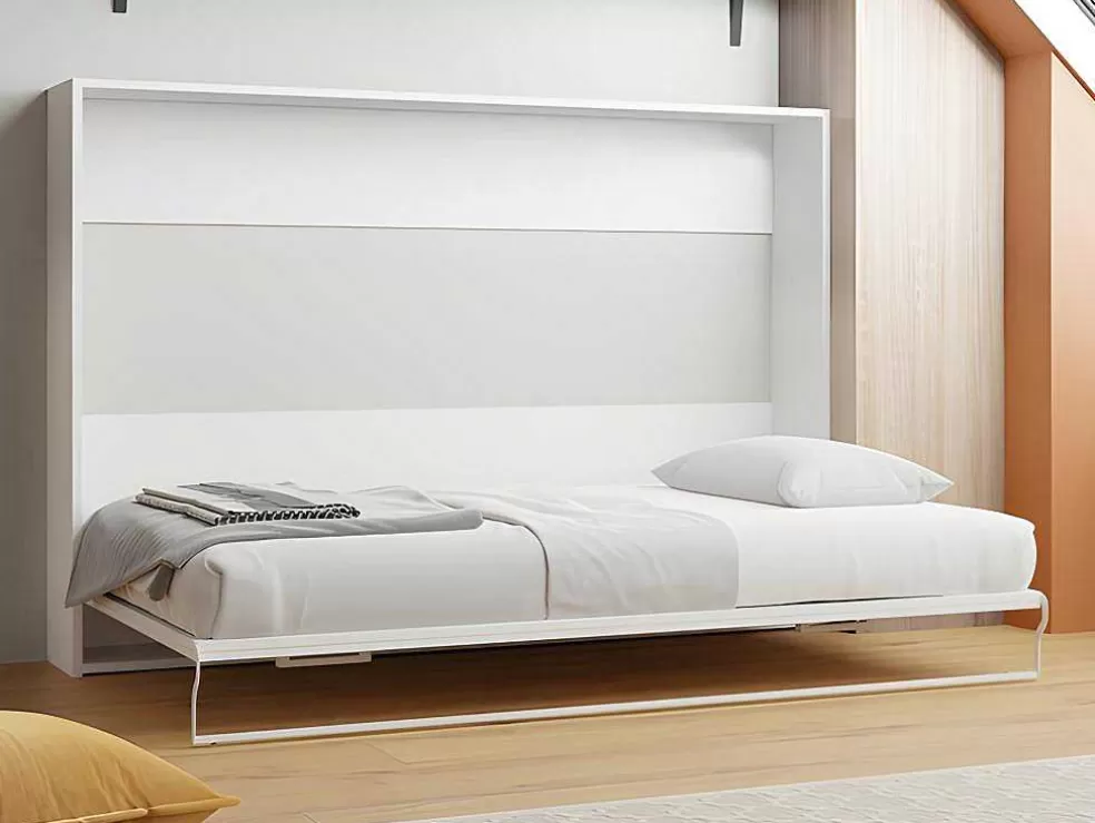 Vente-unique Cama Retratil 140 X 200 Cm Abertura Horizontal Manual Branco + Colchão - Malina Ii* Cama Rebatível