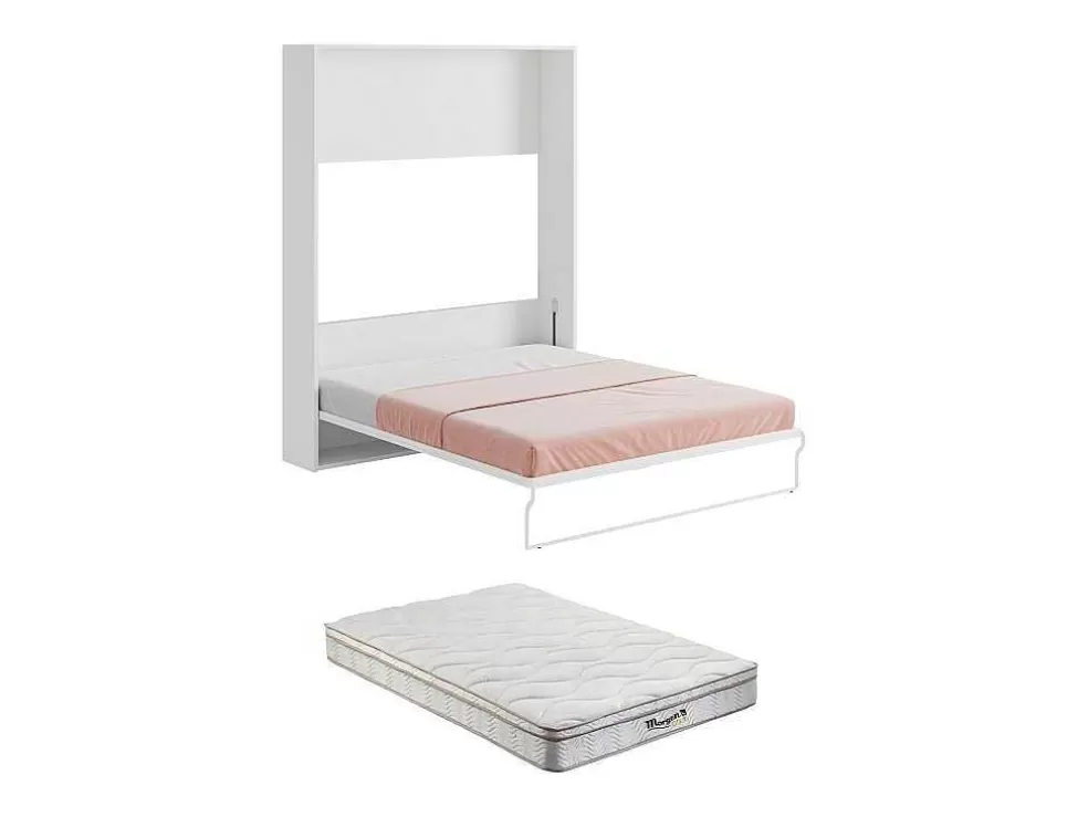 Vente-unique Cama Retratil 160 X 200 Cm Abertura Vertical Manual Branca E Cinza + Colchão - Malina Ii* Cama Rebatível
