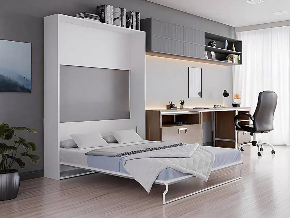 Vente-unique Cama Retratil 160 X 200 Cm Abertura Vertical Manual Branca E Cinza + Colchão - Malina Ii* Cama Rebatível