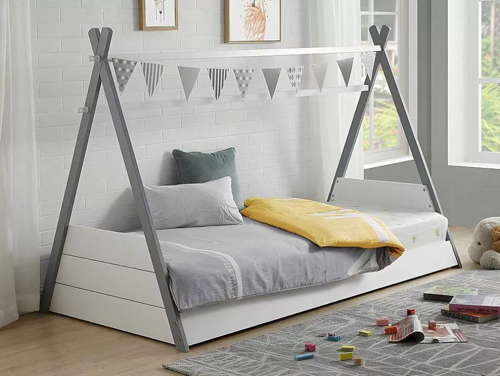 Vente-unique Cama Tenda De 90X190 Cm Em Pinho Cor Branco E Cinza - Sioux* Cama De Criança