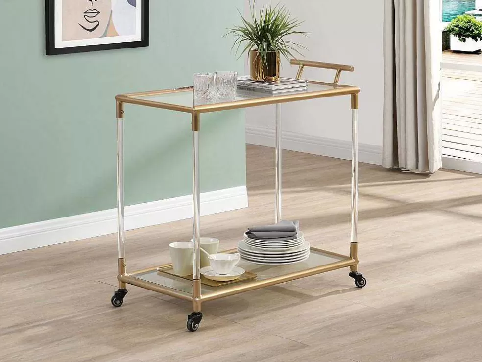 Vente-unique Carrinho De Cozinha Com Rodas Tampo Duplo Em Vidro Temperado E Metal Transparente E Dourado - Orula* Móvel De Cozinha