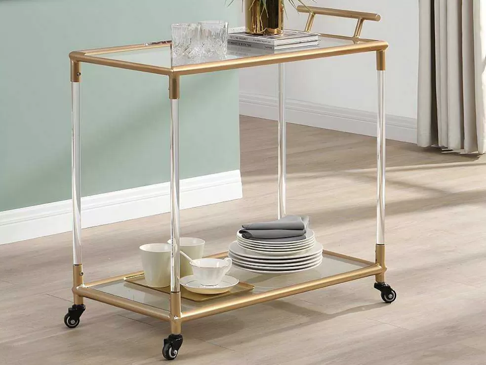 Vente-unique Carrinho De Cozinha Com Rodas Tampo Duplo Em Vidro Temperado E Metal Transparente E Dourado - Orula* Móvel De Cozinha