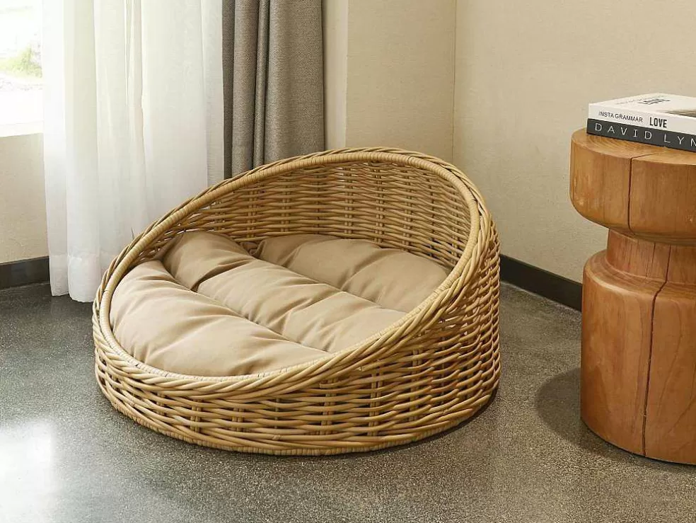 Vente-unique Cesto Para Animais Em Resina Com Almofada, Interior Ou Exterior, D71 X A37 Cm, Natural E Castanho - Zalio* Acessórios Para Animais De Estimação