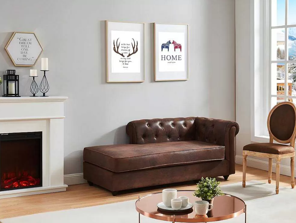 Vente-unique Chaise-Longue Direita Em Microfibra Aspeto Pele Envelhecida Estilo Chesterfield - Shirel* Chaise Longue