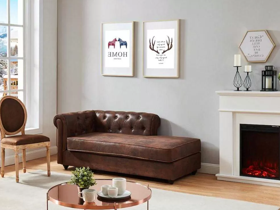 Vente-unique Chaise-Longue Direita Em Microfibra Aspeto Pele Envelhecida Estilo Chesterfield - Shirel* Chaise Longue