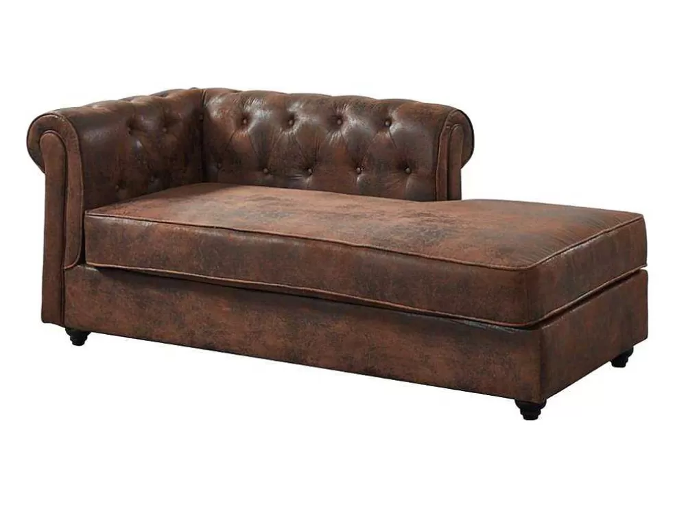 Vente-unique Chaise-Longue Direita Em Microfibra Aspeto Pele Envelhecida Estilo Chesterfield - Shirel* Chaise Longue
