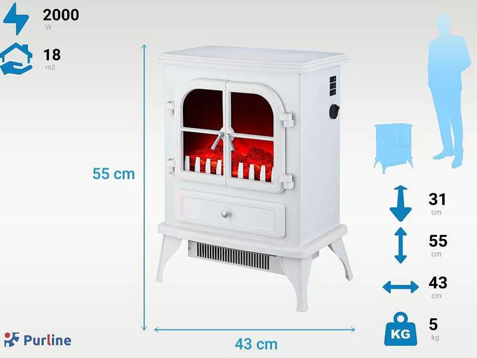 Purline Cheminee Electrique Au Sol 2000W Style Retro En Acier Laque Blanc* Lareira Elétrica