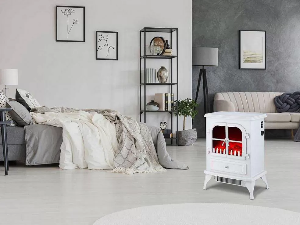 Purline Cheminee Electrique Au Sol 2000W Style Retro En Acier Laque Blanc* Lareira Elétrica