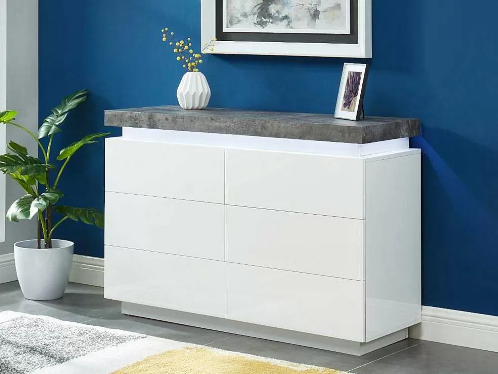 Vente-unique Cómoda - 6 Gavetas - Mdf Lacado - Com Leds - Cor: Branco E Cinza Cimento - Halo Ii* Cómoda