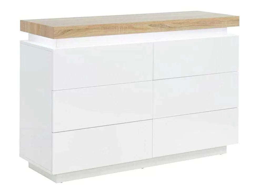 Vente-unique Cómoda 6 Gavetas - Mdf Lacado - Com Leds - Cor: Branco E Carvalho - Halo Ii -* Cómoda