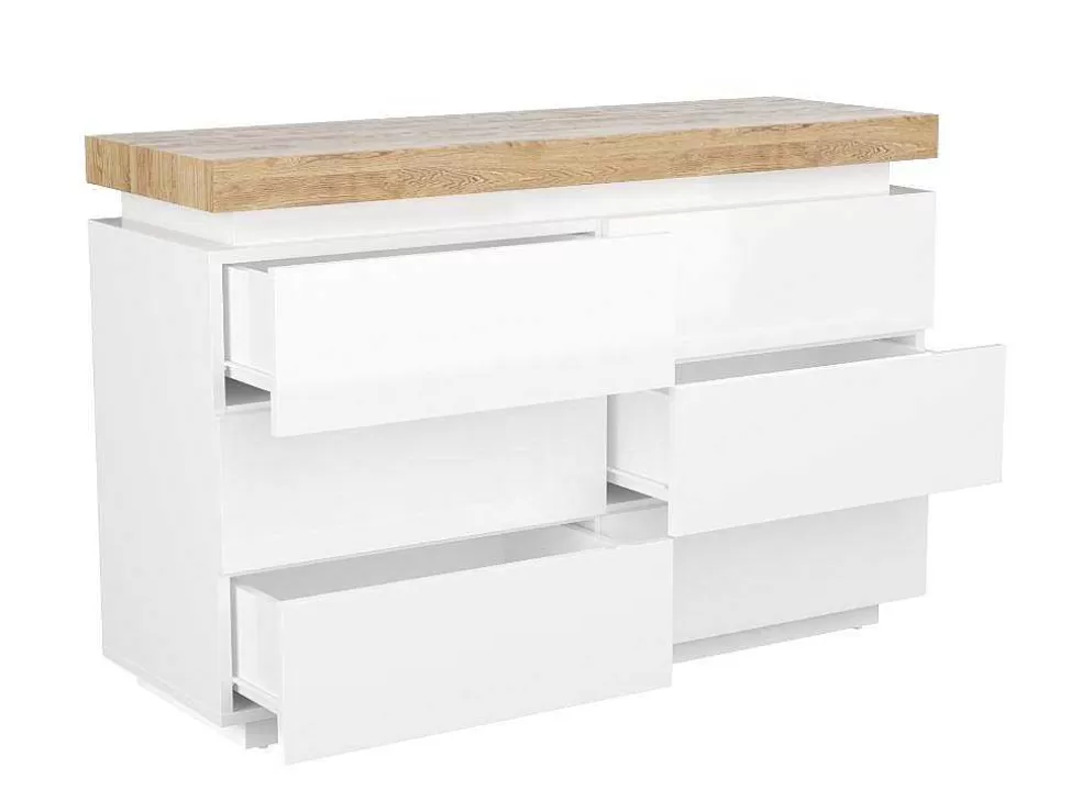Vente-unique Cómoda 6 Gavetas - Mdf Lacado - Com Leds - Cor: Branco E Carvalho - Halo Ii -* Cómoda