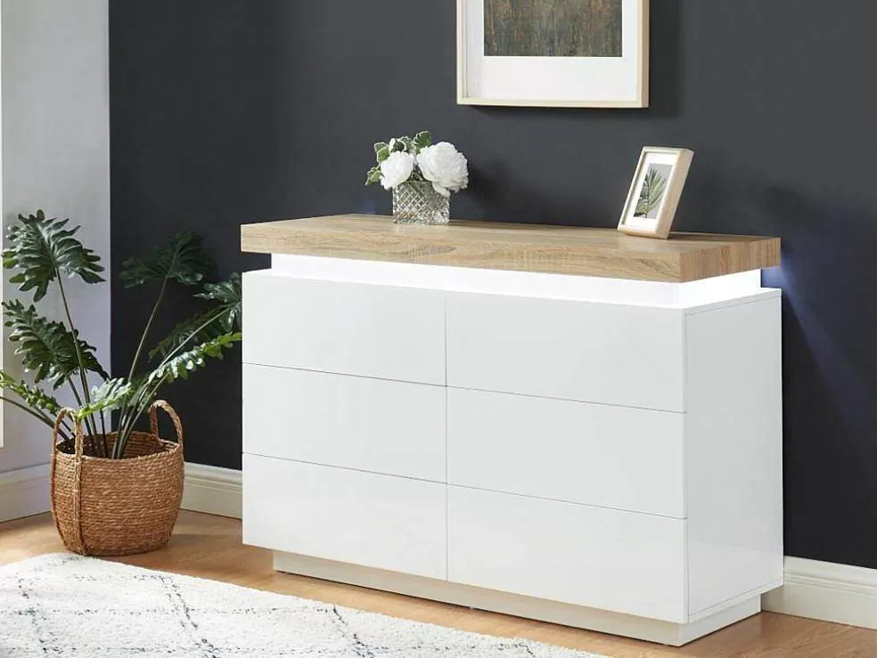 Vente-unique Cómoda 6 Gavetas - Mdf Lacado - Com Leds - Cor: Branco E Carvalho - Halo Ii -* Cómoda