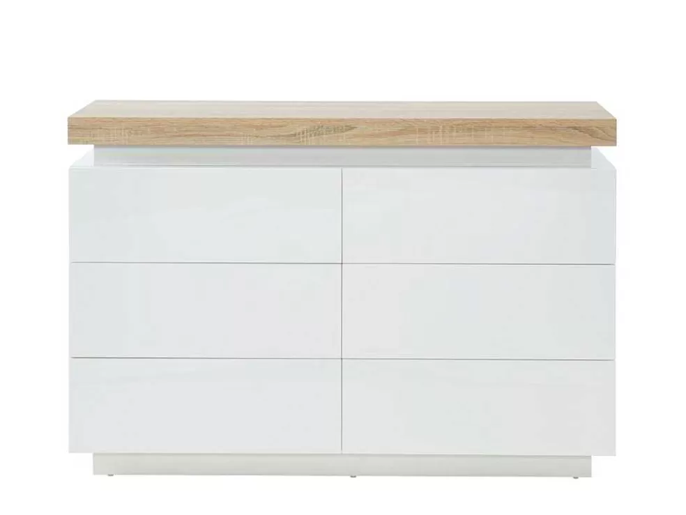 Vente-unique Cómoda 6 Gavetas - Mdf Lacado - Com Leds - Cor: Branco E Carvalho - Halo Ii -* Cómoda