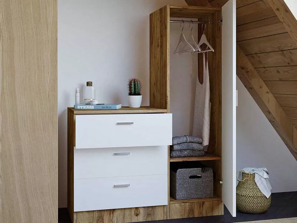 Vente-unique Cómoda 3 Gavetas Com Armário E Espelho Branco E Natural - Vitorio* Armário E Roupeiro