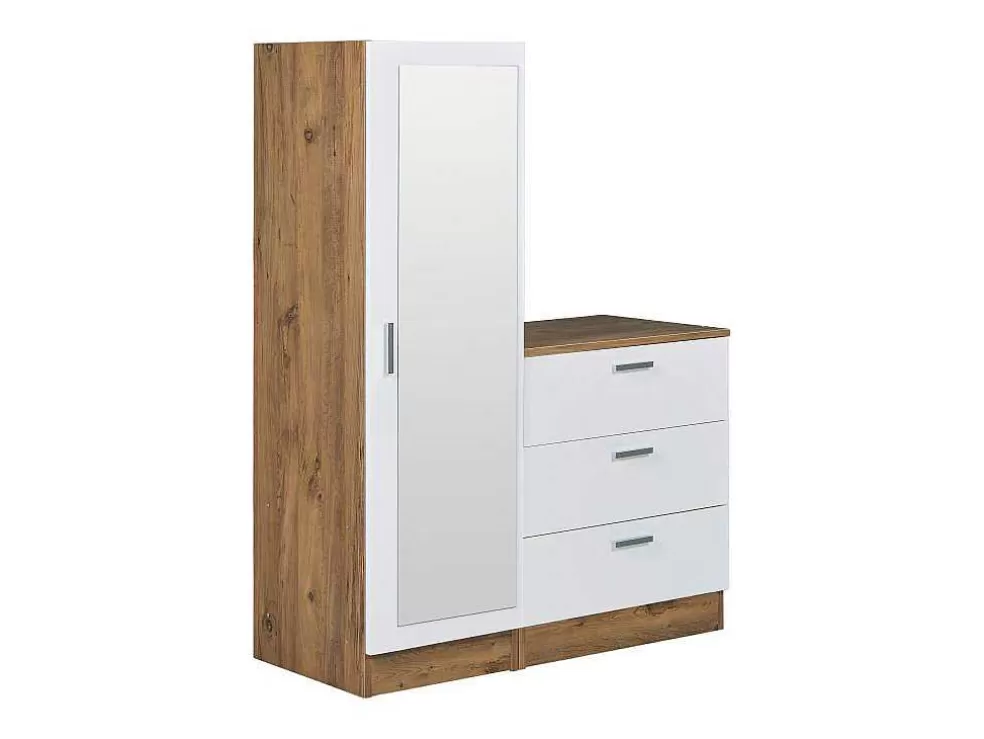 Vente-unique Cómoda 3 Gavetas Com Armário E Espelho Branco E Natural - Vitorio* Armário E Roupeiro