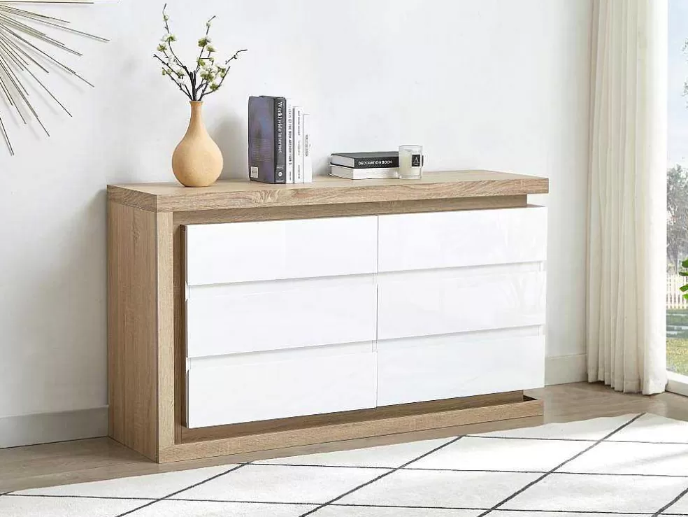 Vente-unique Cómoda 6 Gavetas Com Leds, Mdf Lacado A Branco E Natural - Flarancia* Cómoda
