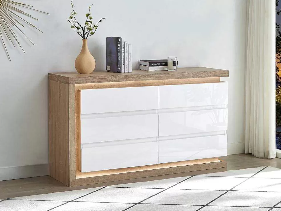 Vente-unique Cómoda 6 Gavetas Com Leds, Mdf Lacado A Branco E Natural - Flarancia* Cómoda
