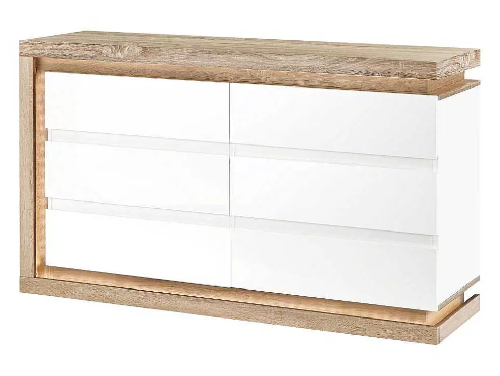 Vente-unique Cómoda 6 Gavetas Com Leds, Mdf Lacado A Branco E Natural - Flarancia* Cómoda