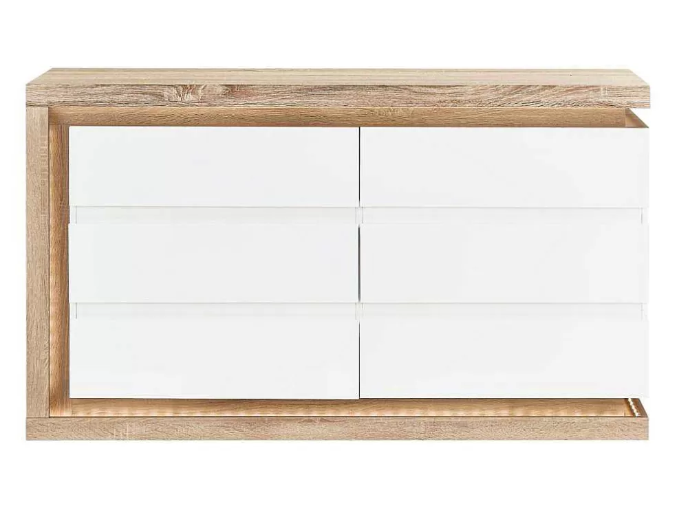 Vente-unique Cómoda 6 Gavetas Com Leds, Mdf Lacado A Branco E Natural - Flarancia* Cómoda