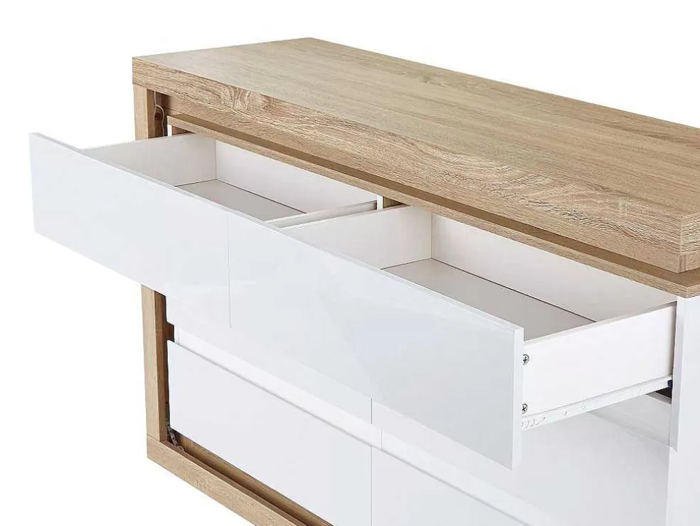 Vente-unique Cómoda 6 Gavetas Com Leds, Mdf Lacado A Branco E Natural - Flarancia* Cómoda