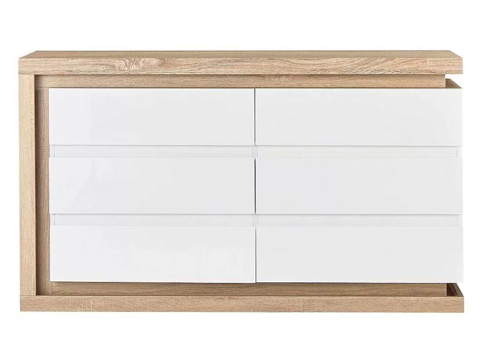Vente-unique Cómoda 6 Gavetas Com Leds, Mdf Lacado A Branco E Natural - Flarancia* Cómoda
