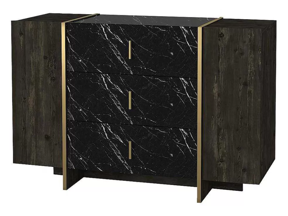 Vente-unique Cómoda 3 Gavetas E 2 Porta Efeito Marmore Preto, Natural Escuro E Dourado - Cadeba* Cómoda