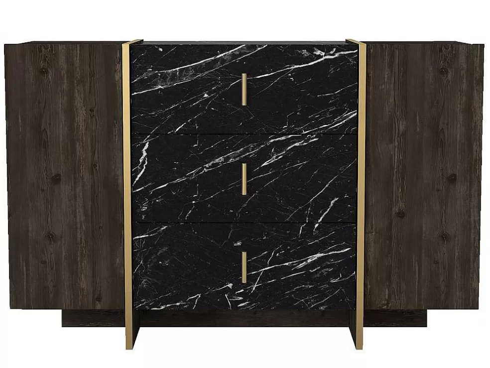 Vente-unique Cómoda 3 Gavetas E 2 Porta Efeito Marmore Preto, Natural Escuro E Dourado - Cadeba* Cómoda