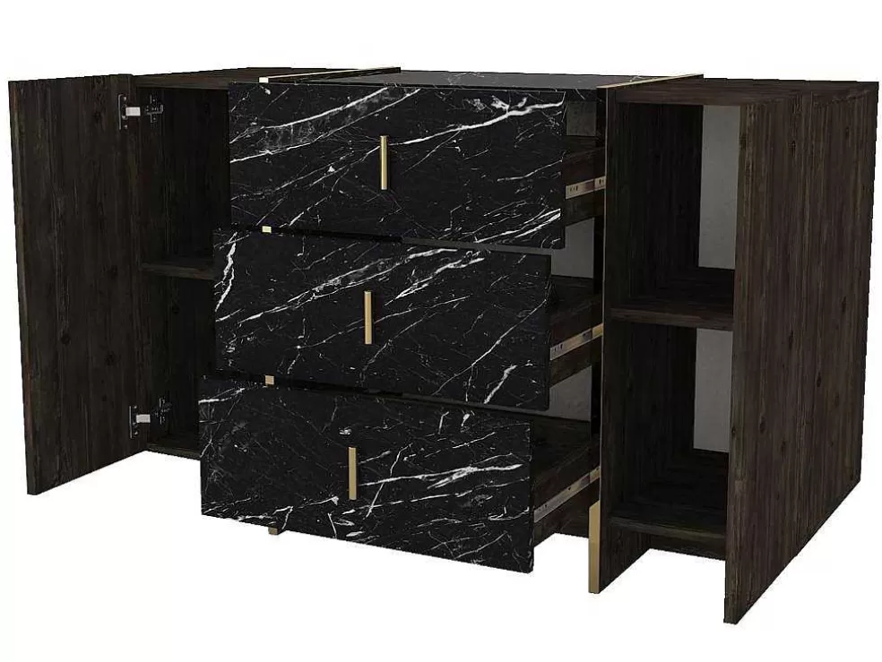 Vente-unique Cómoda 3 Gavetas E 2 Porta Efeito Marmore Preto, Natural Escuro E Dourado - Cadeba* Cómoda