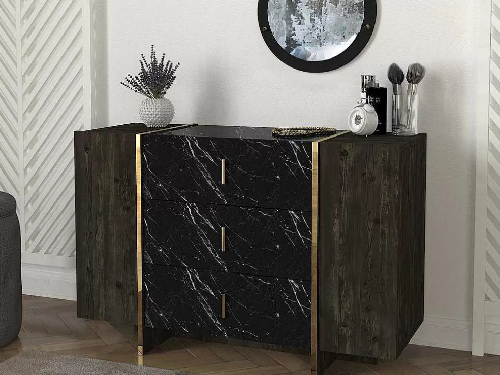 Vente-unique Cómoda 3 Gavetas E 2 Porta Efeito Marmore Preto, Natural Escuro E Dourado - Cadeba* Cómoda