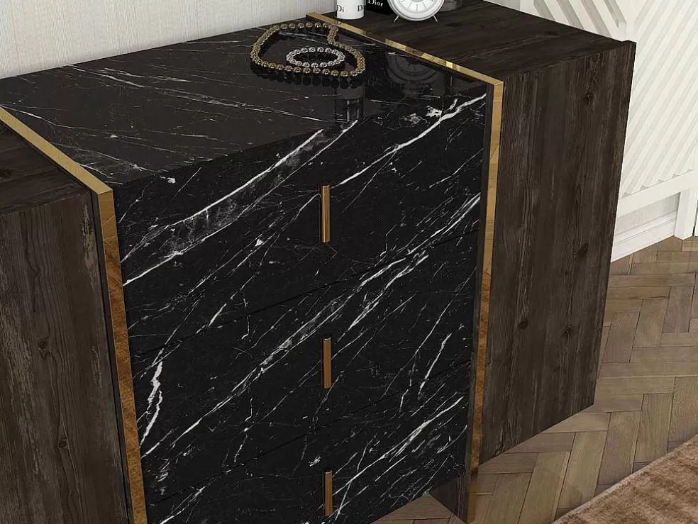 Vente-unique Cómoda 3 Gavetas E 2 Porta Efeito Marmore Preto, Natural Escuro E Dourado - Cadeba* Cómoda