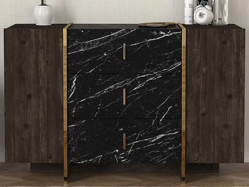 Vente-unique Cómoda 3 Gavetas E 2 Porta Efeito Marmore Preto, Natural Escuro E Dourado - Cadeba* Cómoda