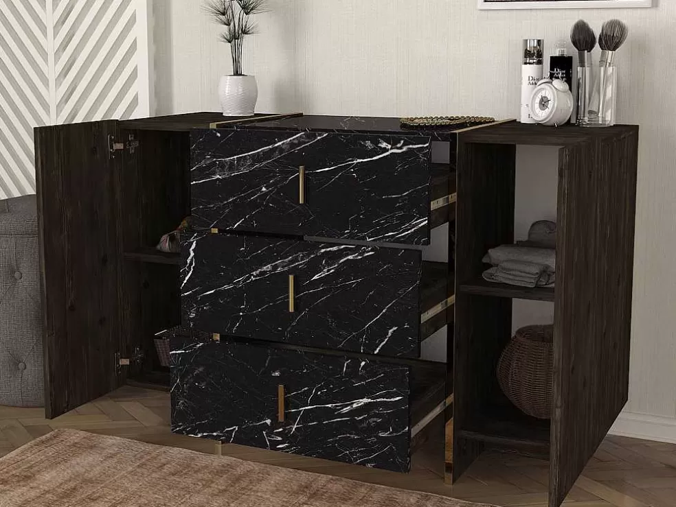 Vente-unique Cómoda 3 Gavetas E 2 Porta Efeito Marmore Preto, Natural Escuro E Dourado - Cadeba* Cómoda